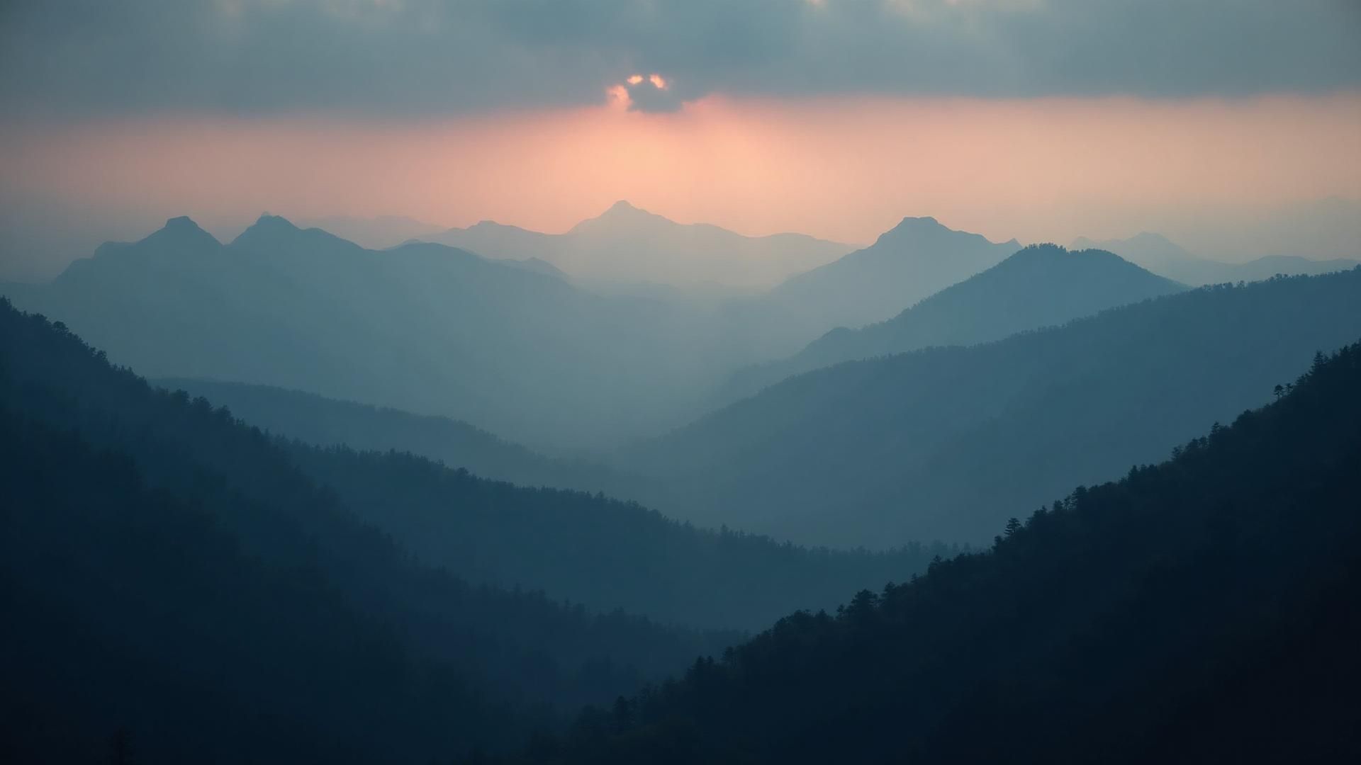 Layered mountain ridgelines at dusk, the contours that shape Contours Distilling Co.